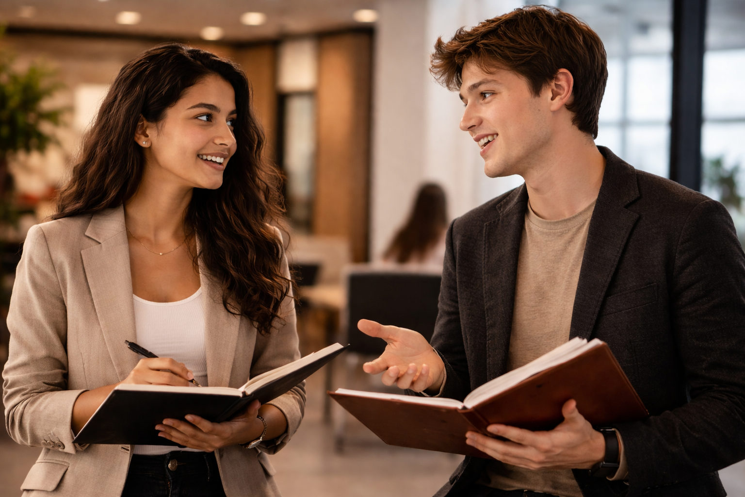 Students in animated standing conversation